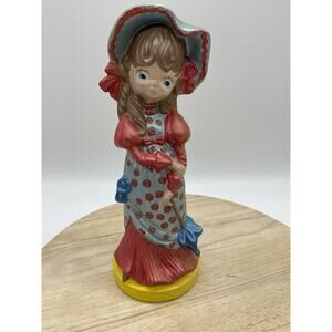 Vintage Unmarked Chalk Girl Figurine Bonnet Polka Dot Dress Medium Multicolor